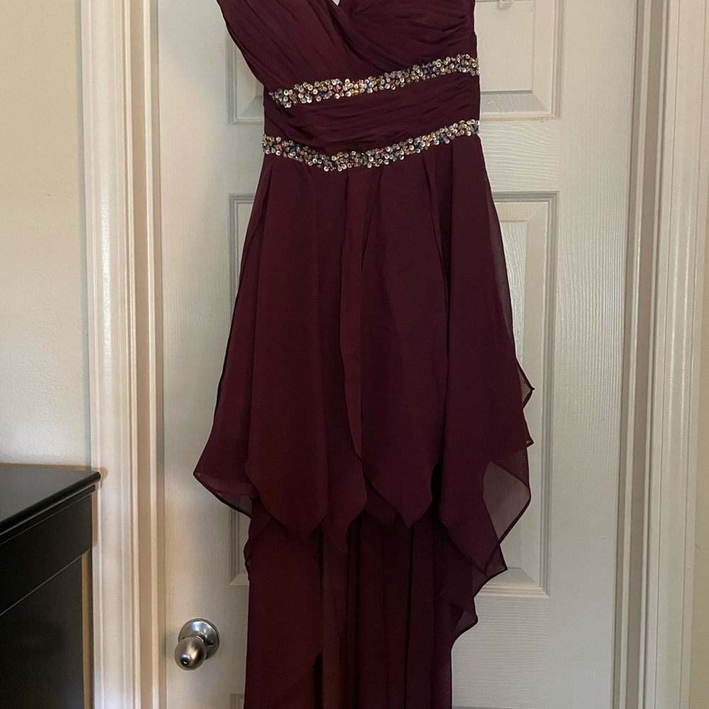 Elegant Plum Purple High Low Beaded Evening Dress